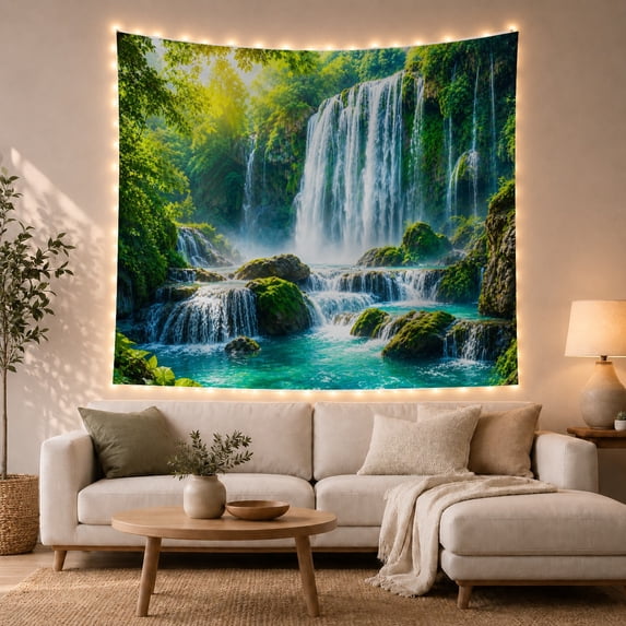 Waterfall in a Lush Green Forest Surrounded by Moss and Vines, Serene Watercolor for Nature Lovers, Serene Nature Wall Art, Housewarming Gift, Tapestry Wall Hanging for Bedroom and Living Room