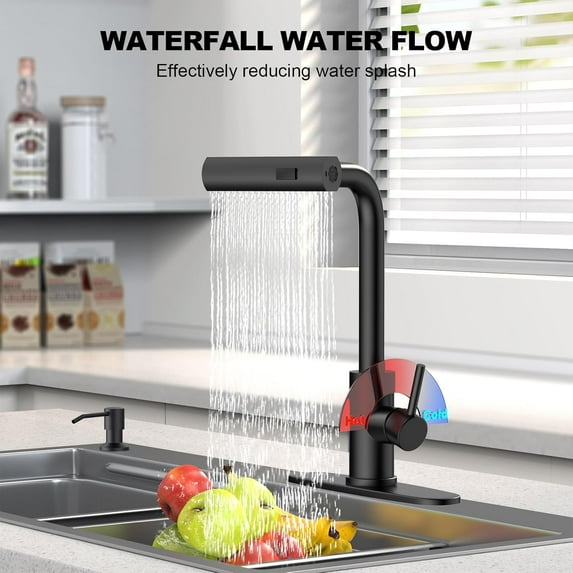 Waterfall Matte Black Kitchen Faucet, Single-Handle Pull-Down Sprayer ...