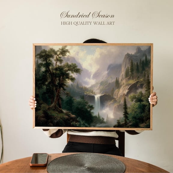 Waterfall In Mountain Forest Art Print, Peaceful Nature Landscape Wall Art, Scenic Wilderness Poster For Bedroom, Office Or Cabin Decor UNFRAMED Poster, Wall Art for Decor, Present, 8x12