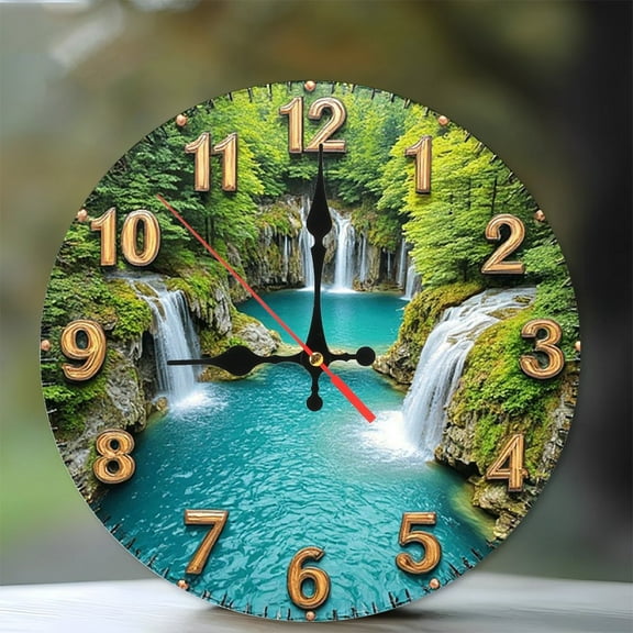 Waterfall Nature Scenic Wall Clock 10-Inch Silent Wooden Wall Clock, Battery Operated (AA Batteries Not Included), Artistic Home Decor