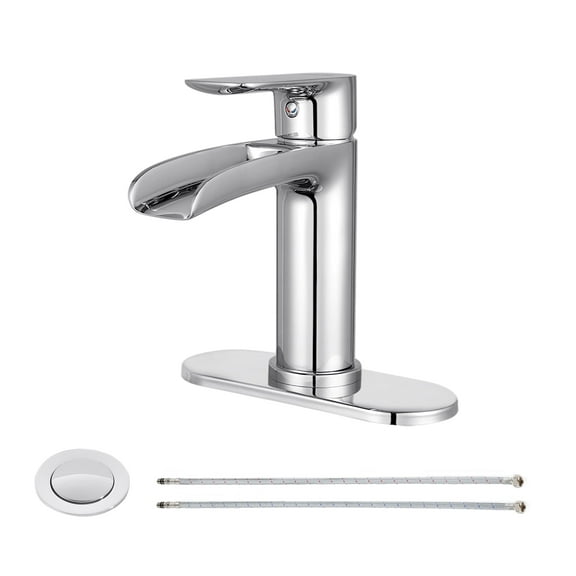 PARLOS One-handle Single Hole Waterfall Bathroom Faucet with Metal Pop-up Drain and Supply Lines, Polished Chrome