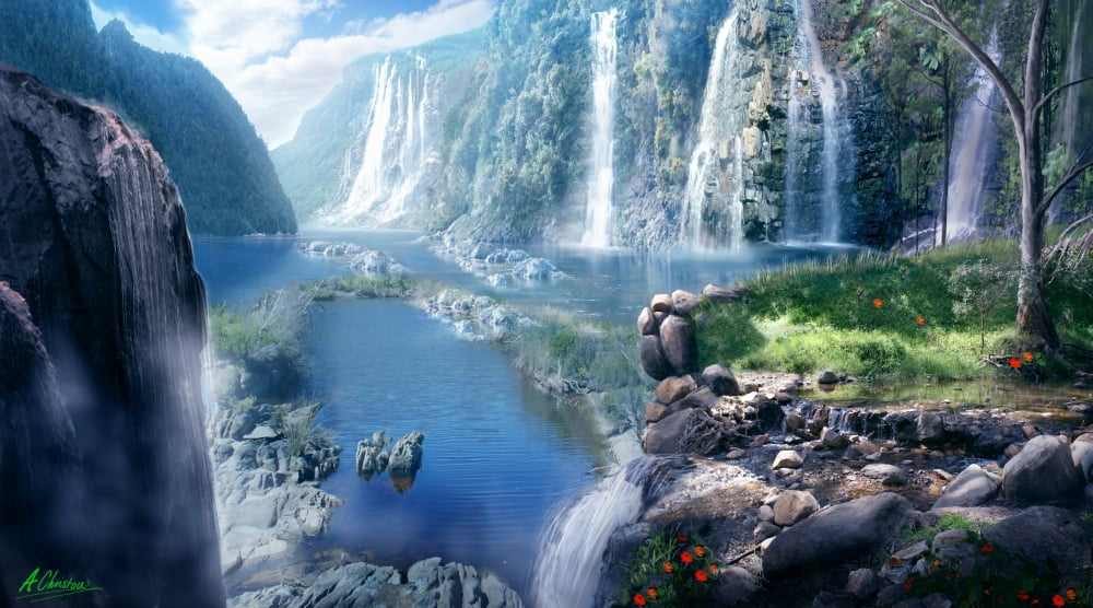 Waterfall Paradise Canvas Art - Anthony Christou (28 x 16)