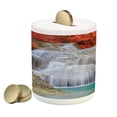 thumbnail image 1 of Waterfall Piggy Bank, Lake Landscape Forest Surrounded by Autumn Leaves on Fall Season Trees, Ceramic Coin Bank Money Box for Cash Saving, 3.6" X 3.2", Blue White and Orange, by Ambesonne, 1 of 4