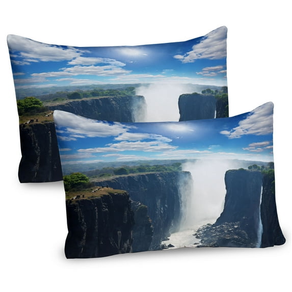 Waterfall Pillow Sham Set of 2, Victoria Waterfall and Mountain Cliff Sunshine Natural Landscape Photo, Quality Microfiber Bedding Item for All Seasons, 26" x 20", Blue White Green, by Ambesonne