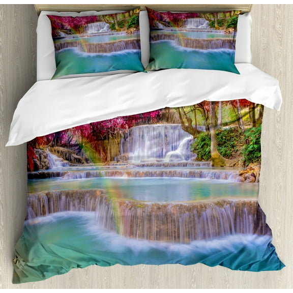 Waterfall Queen Size Duvet Cover Set, Rain Forest in Vietnam Laos with South Asian Pink and Orange Trees side of River Image, Decorative 3 Piece Bedding Set with 2 Pillow Shams, Blue, by Ambesonne