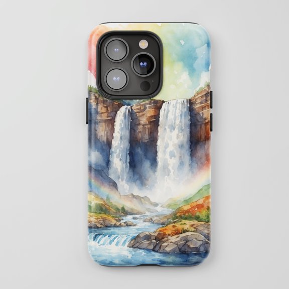 Waterfall Rainbow For All iPhone Series Protective Phone Case Watercolor Nature Landscape Multi-Color