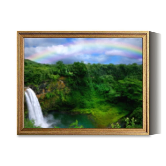 Waterfall Rainbow Forest Sky Vintage Gold Framed Wall Art Decor Retro Canvas Paintings for Living RoomBedroom