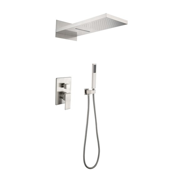 Waterfall Rainfall Shower Head System with Handheld Brushed Nickel Wall Mount