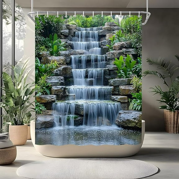 Waterfall Rainforest Shower Curtain Forest Tropical Jungle Spring Courtyard Green Bushes Natural Landscape Park Bathroom Curtains Set Polyester Fabric With Hooks 72"W x 96"L