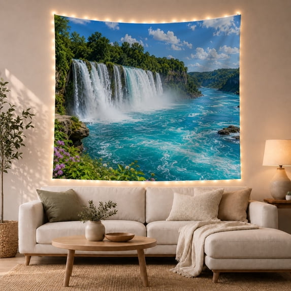 Waterfall Over Rocky Cliff Beside Turquoise River, Peaceful Digital Art for Nature Lovers, Nature Decor, New Home Gift, Tapestry Wall Hanging for Living Room and Study Room