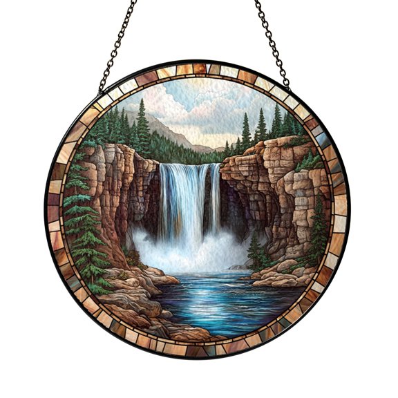 Waterfall Scene Stained Glass Suncatcher – Nature Window Decor