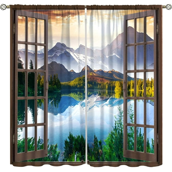 Waterfall Scenery Curtains, Nature Landscape Theme Forest High Mountains Flowing Water Forest 3D Print Pattern Window Drapes for Bedroom LivingRoom Kitchen Drapes 72x63 Inch