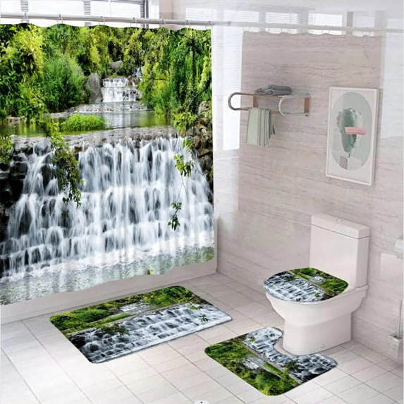 Waterfall Scenery Shower Curtain Set Tropical Jungle Primeval Forest Lotus Bathtub Decor Curtains With Bath Mat Rug Toilet Cover