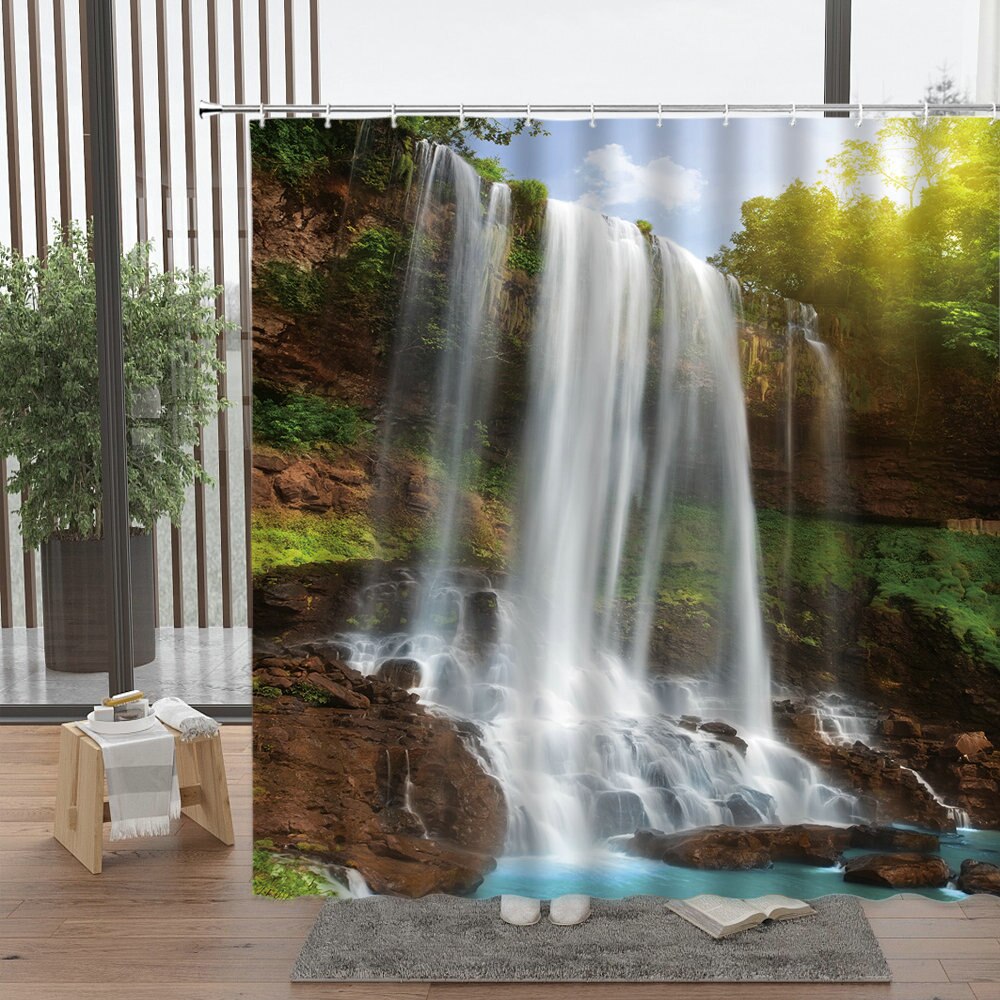 Waterfall Scenic Shower Curtain Beautiful Spring Natural Mountain