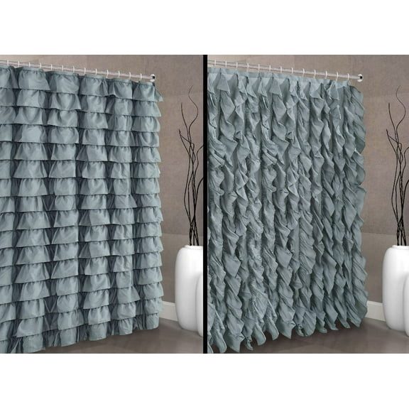 Waterfall Shabby Chic Ruffled Fabric Shower Curtain (2 in 1 Silver) 72 x 72