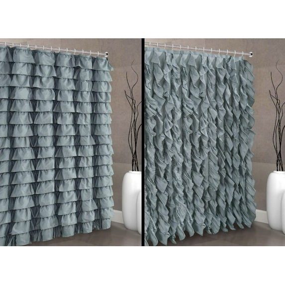 Waterfall Shabby Chic Ruffled Fabric Shower Curtain (2 in 1 Silver) 72 x 72