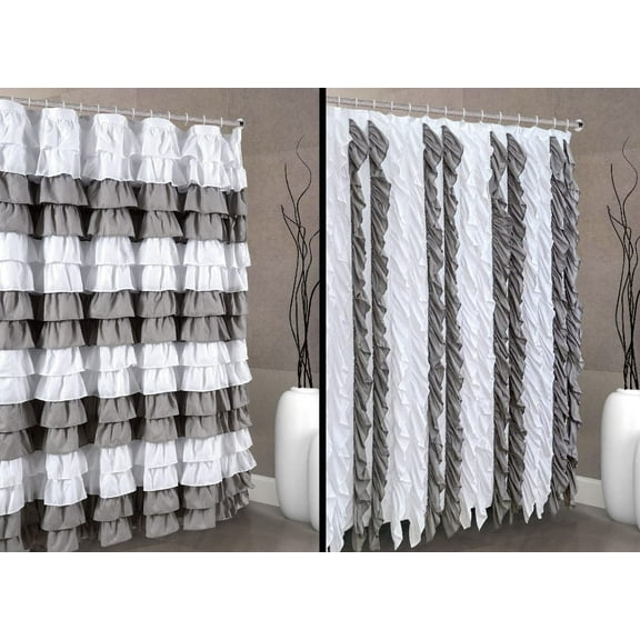 Waterfall Shabby Chic Ruffled Fabric Shower Curtain (2 in 1 White Silver), 72 x 72