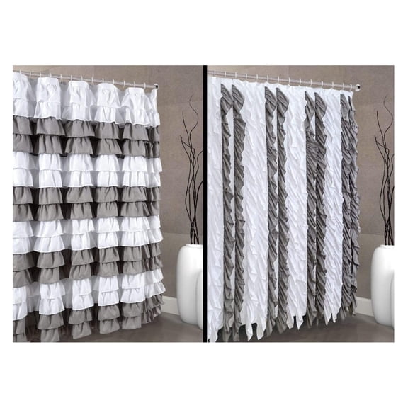 Waterfall Shabby Chic Ruffled Fabric Shower Curtain (2 in 1 White Silver), 72 x 72