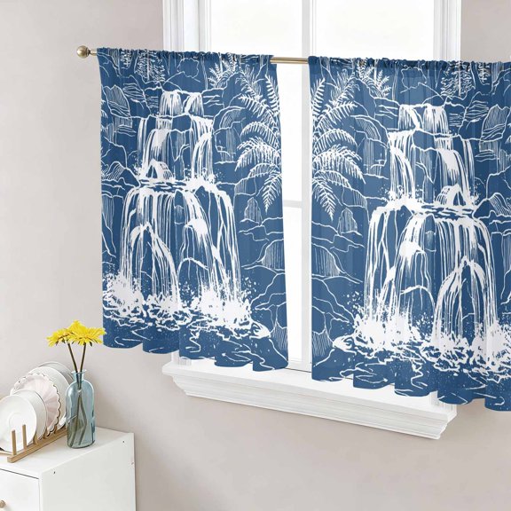 Waterfall Sheer Curtains 45 Inch Length 2 Panels Set, Blue Chic Vintage Tree Plants Natural Scenery Art Voile Window Treatment Rod Pocket Small Kitchen Curtains Drapes for Bedroom 52"x45"x2