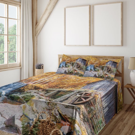 Ambesonne Waterfall Fitted & Top Sheet Set with Shams, Historic Mill Autumn, Yellow Brown