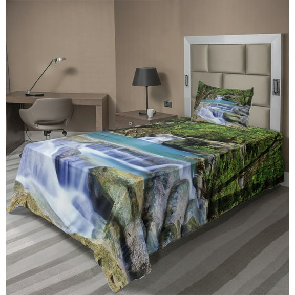 Ambesonne Nature Fitted & Top Sheet Set with Sham, Rocks in Waterfall Lake, Green Blue and Brown