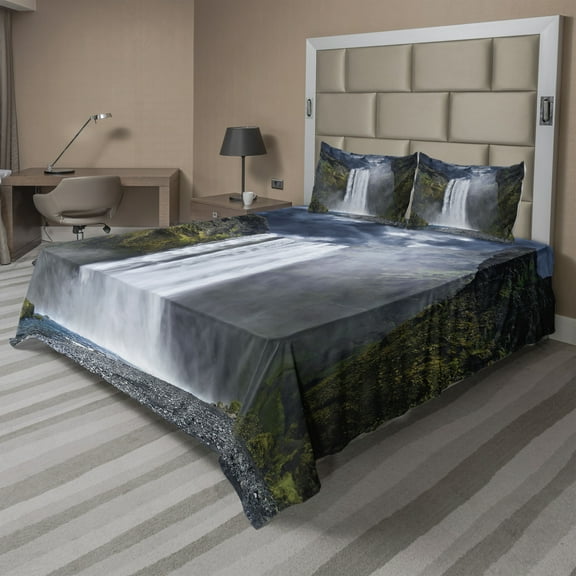 Ambesonne Landscape Fitted & Top Sheet Set with Shams, America Cliffs Scene, Green Blue White
