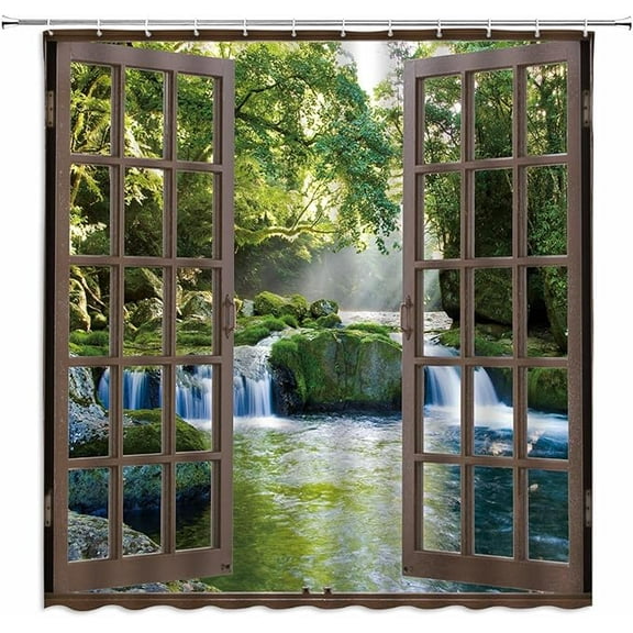 Waterfall Shower Curtain 3D Forest Green Tree Stone Rainforest River Jungle Landscape Spring Nature Scene Through Wooden Windows Fabric Bathroom Decor Set With Hooks 36"W x 72"L