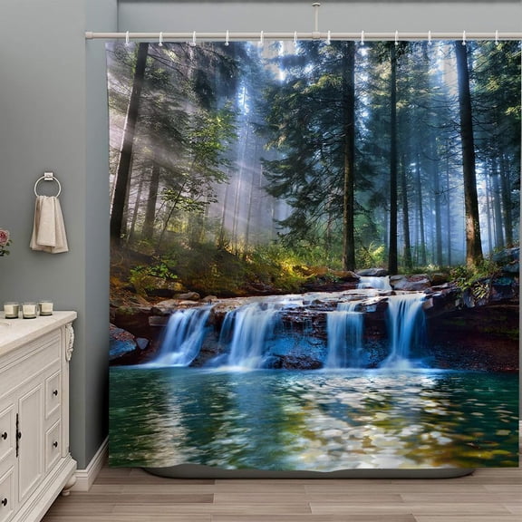 Waterfall Shower Curtain for Bathroom Forest Nature Scene Landscape Shower Curtain Spring Nature Theme Polyestre Fabric with Hooks-72"W x 72"L (Pack of 1)