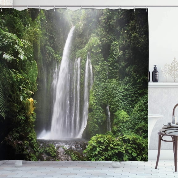Waterfall Shower Curtain, Exotic Rainforest with Waterfall in Indonesia Tropical Trees Adventure Picture, Cloth Fabric Bathroom Decor Set with Hooks, 72" W x 84" L, Dark Green