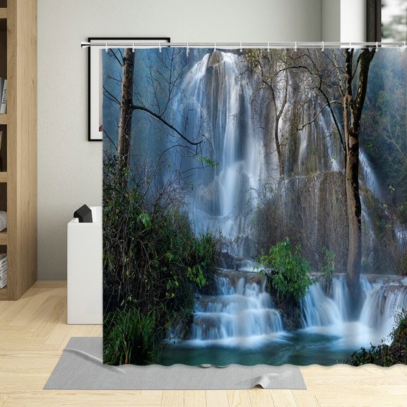 Waterfall Shower Curtain Forest Rock Bird Flower Creek Plant Scenery Pattern Bathroom Decor Polyester Cloth Hanging Curtain Hook