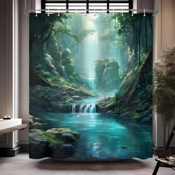 Waterfall Shower Curtain, Forest Shower Curtain, Nature Landscape Shower Curtain Set Waterproof Bath Curtain Bathroom Decor with 12 Hooks, 72x72 inches