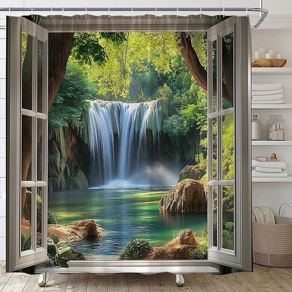 Waterfall Shower Curtain Green Forest Nature Tree Jungle Lake 3D Window View Spring Summer Sunshine Scenery Bathroom Curtain Fabric With Hooks 36"W x 72"L (Pack of 1)