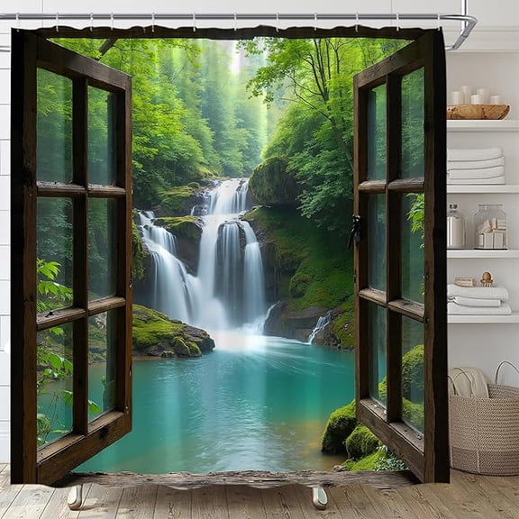 Waterfall Shower Curtain Green Forest Through Wooden Windows Waterfall Spring Jungle Landscape Nature Scene Rainforest River Tree Fabric Bathroom Decor Set With Hooks 72"W x 78"L