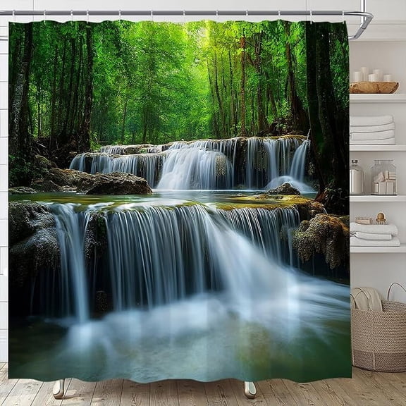 Waterfall Shower Curtain Green Tree Forest Waterfall Nature Scenery Outdoor Landscape Rainforest Fabric Bathroom Decor Set With Hooks 72"W x 72"L (Pack of 1)
