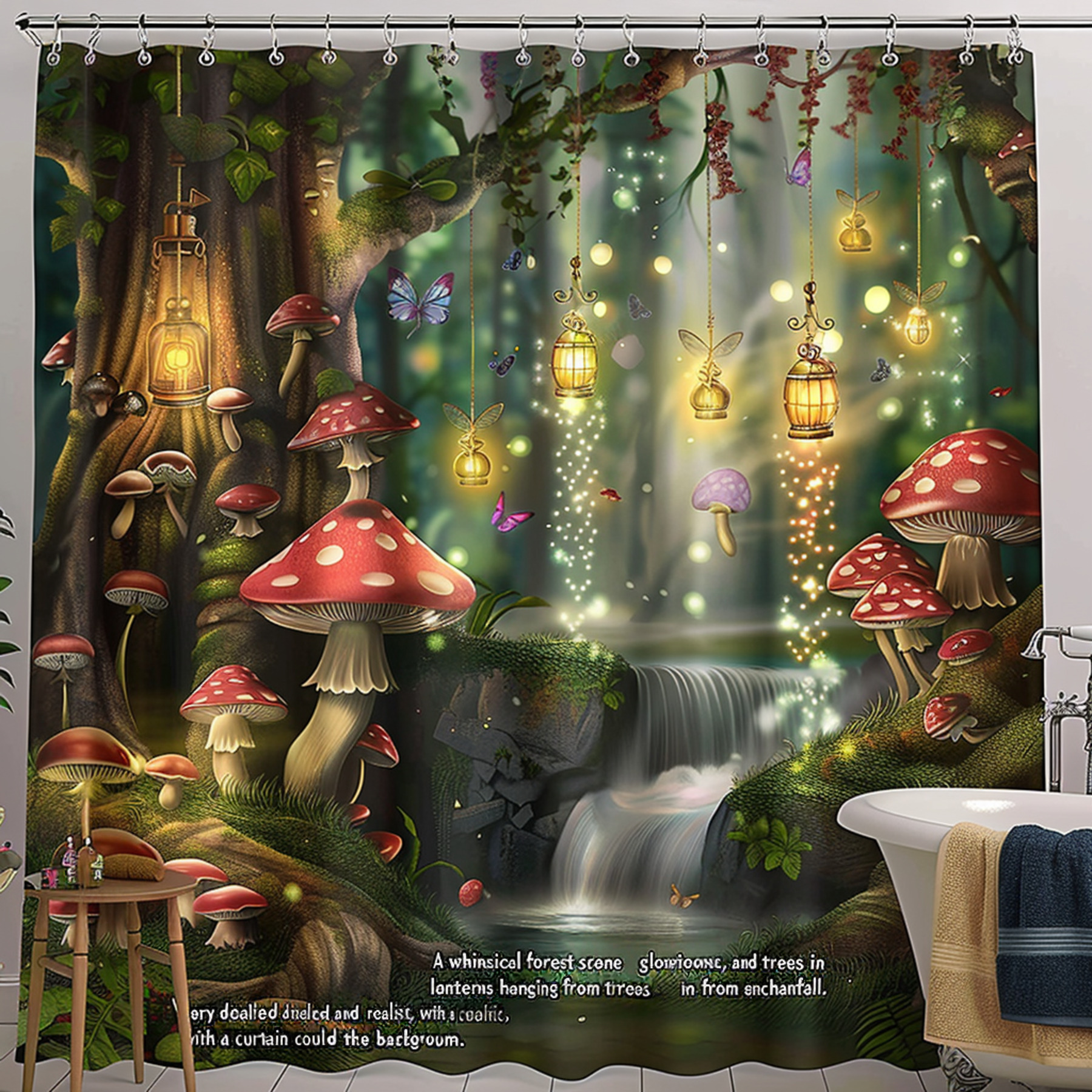Waterfall Shower Curtain Magical woodland with mushrooms fireflies