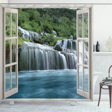 Waterfall Shower Curtain, Majestic Waterfall Landscape through A Window Imaginary Secret Paradise Print, Fabric Bathroom Set with Hooks, 69W X 70L Inches, Blue Green, by Ambesonne