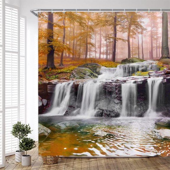 Waterfall Shower Curtain – Misty Forest Tropical Jungle Rainforest Plant Lake Rocks Autumn Nature Landscape – Polyester Fabric Set with Hooks (70"x70) – Bring the Tranquility of Nature into Your Ba