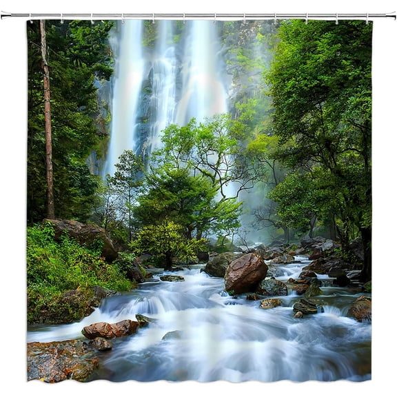 Waterfall Shower Curtain Mountain Green Forest Rainforest Tropical Nature Scenery Landscape Bathroom Decor Curtain with Hooks-72"W x 72"L (Pack of 1)