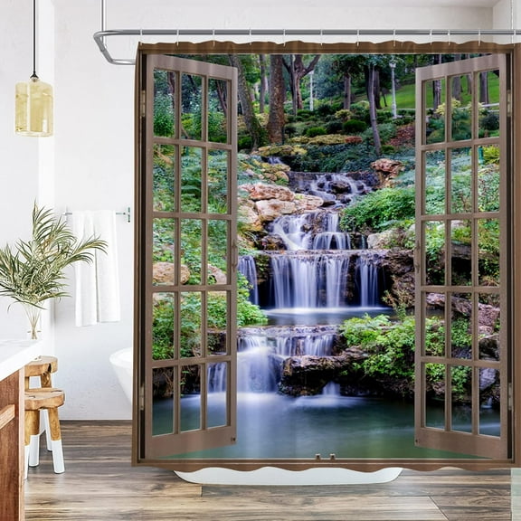 Waterfall Shower Curtain Nature Scenic Green Forest Tree Water Lake Landscape Misty Jungle Rainforest Polyester Fabric Bathroom Decor Set with Hooks 72Wx72H Inch