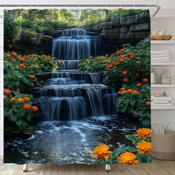 Waterfall Shower Curtain Orange Flower Green Plant Forest Nature Jungle Rainforest Stone Lake Scenery Bathroom Curtain Fabric With Hooks 36"W x 72"L