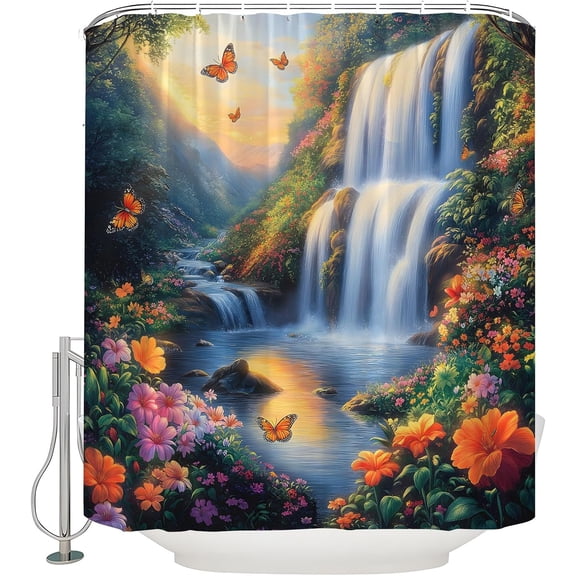 Waterfall Shower Curtain Rustic Floral Butterfly Forest Tropical Green Plant Lake Spring Garden Nature Landscape Bathroom Decor Set with Hooks-72"W x 72"L (Pack of 1)