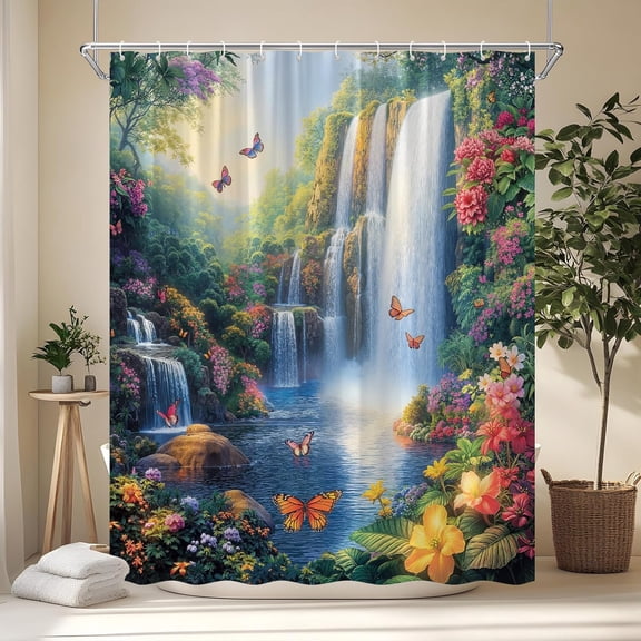 Waterfall Shower Curtain Rustic Floral Butterfly Forest Tropical Green Plant Lake Spring Garden Nature Landscape Bathroom Decor Set with Hooks-72"W x 72"L (Pack of 1)