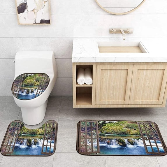 Waterfall Forest Waterproof Shower Curtain Sets Scenery Polyester Bath Curtains Natural Landscape Bathroom Mat Rugs Toilet Cover