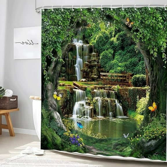 Waterfall Shower Curtain Spring Forest Nature Scenic Green Leaves Tropical Plant Floral Rainforest River Stone Landscape Nature Dream Theme Fabric Bathroom Decor Set With Hooks 54"W x 72"L