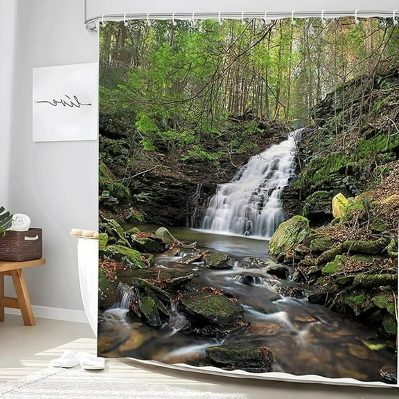 Waterfall Shower Curtain Spring Jungle Forest Landscape Green Plant Tree Tropical Rainforest River Stone Summer Nature Scenic Fabric Bathroom Decor Set With Hooks 48"W x 72"L