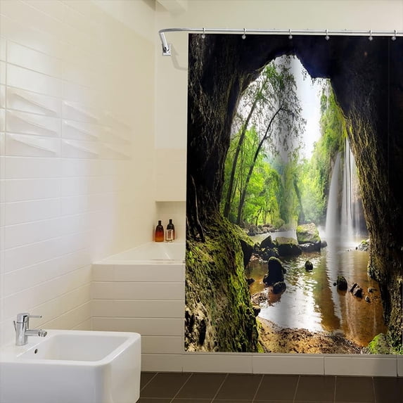 Waterfall Shower Curtain Tropical Cave Nature Waterfall Trees Mountain Outdoor River Landscape Bathroom Curtain Waterproof Polyester with Hooks for Home Bath Decor Green Brown