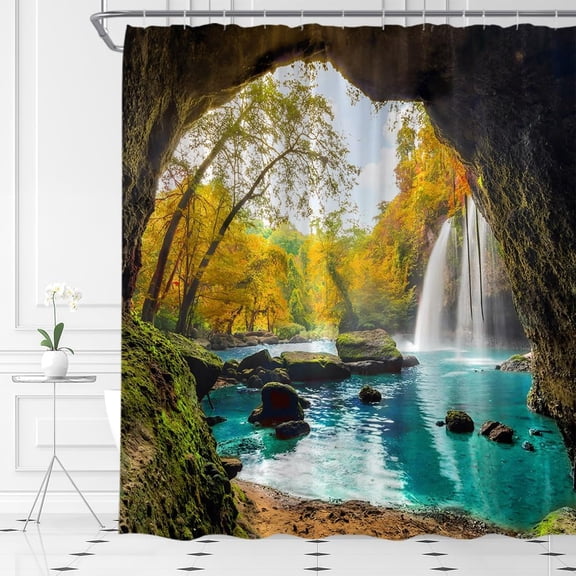 Waterfall Shower Curtain – Tropical Cave Waterfall Trees Mountain Outdoor Scene – Nature Fall Bathroom Decor Fabric Set with Hooks (70"x84) – Transform Your Bathroom into a Lush Outdoor Oasis
