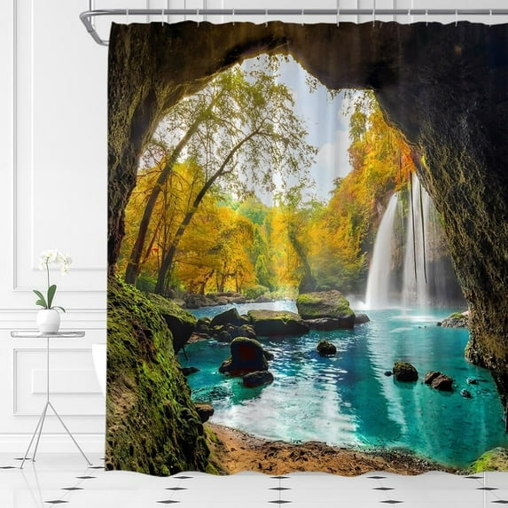 Waterfall Shower Curtain Tropical Cave Waterfall Trees Mountain Outdoor Scene Nature Fall Bathroom Decor Fabric Set with Hooks,(70" Wx84 H)
