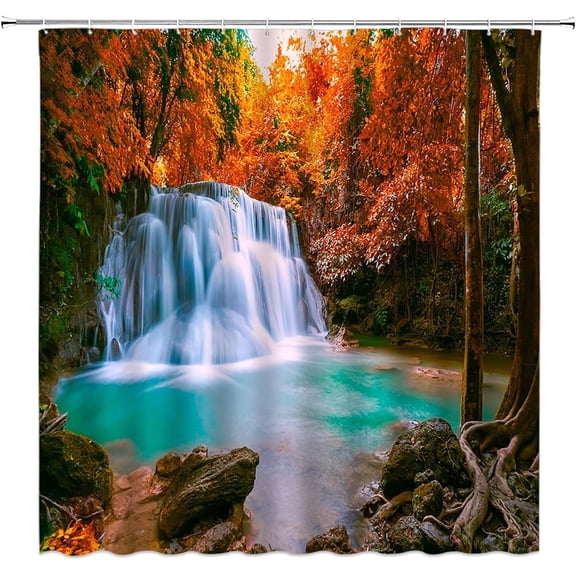 Waterfall Shower Curtain Tropical Jungle Fall Tree Forest Outdoor Seasonal Nature Scene Fabric Polyester Bathroom Curtain with Hooks