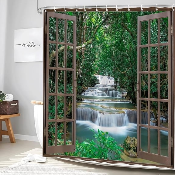 Waterfall Shower Curtain Tropical Rainforest Jungle Forest Landscape Green Plant Tree River Stone Nature Scenic Fall Autumn Fabric Bathroom Decor Set With Hooks 72"W x 72"L